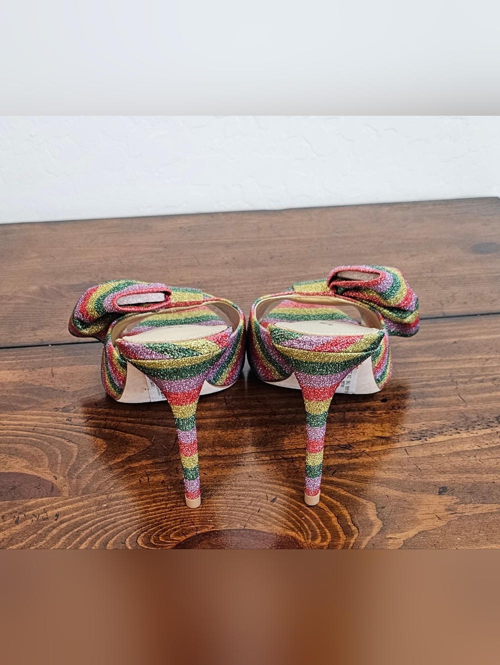 Antonio Melani Rainbow Metallic Glitter Striped Bow Slide heels Women's Sz 6 - Picture 4 of 9